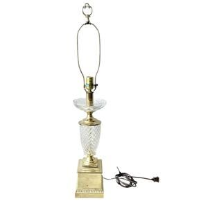 1970s Empire French-Style Hospitality Cut Crystal & Gold Tone Brass Lamp 33”